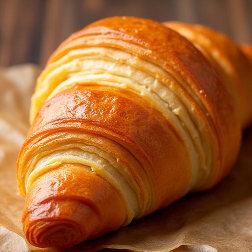 Un croissant pur beurre doré et brillant.