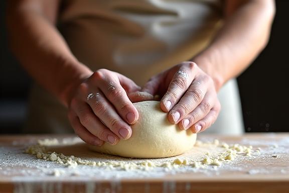 Boulanger artisan préparant la pâte à pain manuellement.