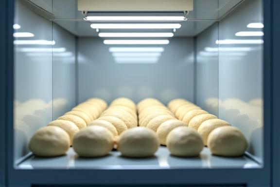 Intérieur d'un distributeur avec des pâtons stockés dans une chambre froide.
